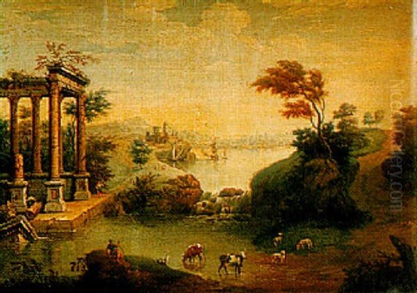 Capriccio Landscape With A City And Ruins Beside A Lake Oil Painting by Willem van Diest