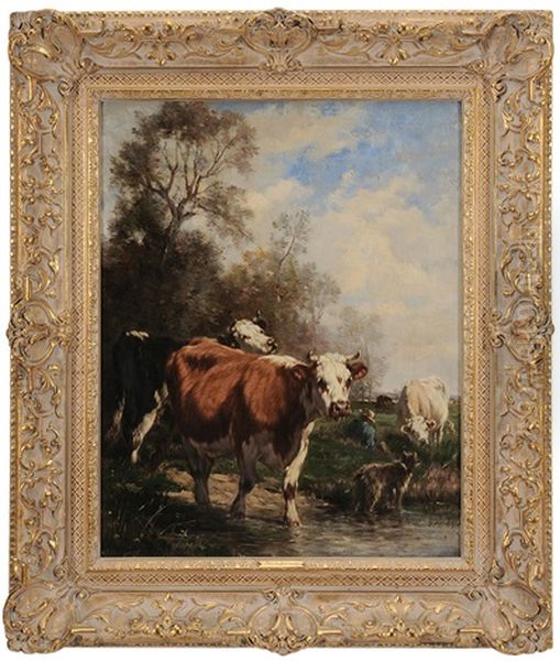 Cows With Shepherd And Dog In Marsh Oil Painting by Marie Dieterle