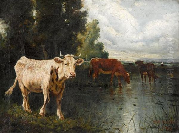 Cows Watering Oil Painting by Marie Dieterle