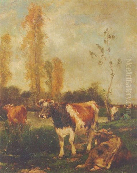 Cows On A Riverbank Oil Painting by Marie Dieterle