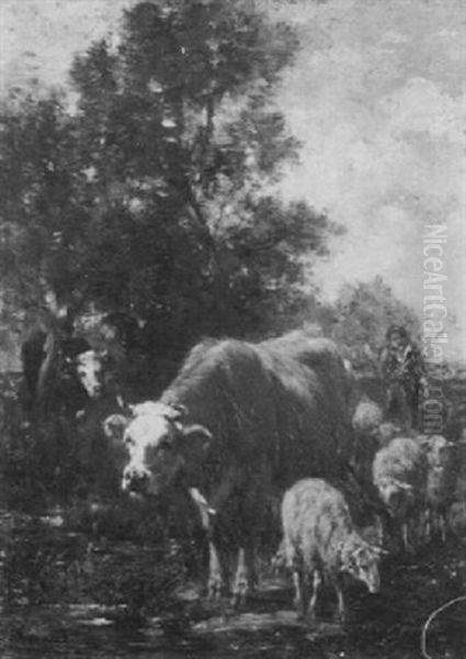 Shepherdess With Cattle And Sheep Oil Painting by Marie Dieterle