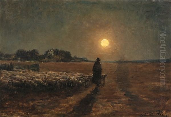 Landscape With Sheep And Herds In The Moonlight Oil Painting by Pierre Georges Dieterle