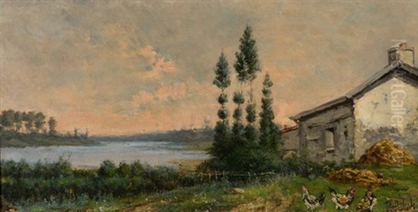 Flusslandschaft Mit Bauernhaus - Im Vordergrund Eine Schar Huhner Oil Painting by Pierre Georges Dieterle