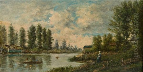 Baumbestandene Flusslandschaft Mit Boot Oil Painting by Pierre Georges Dieterle