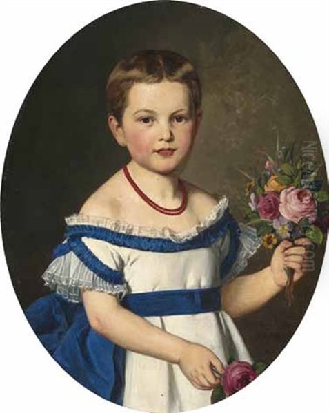 Madchen In Blau-weisem Kleid Mit Einem Blumenstraus In Der Hand by Alfred Diethe