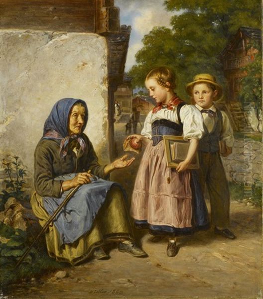 Kinder Geben Einer Blinden Alten Bettlerin Ihr Znuni Oil Painting by Johann Friedrich Dietler