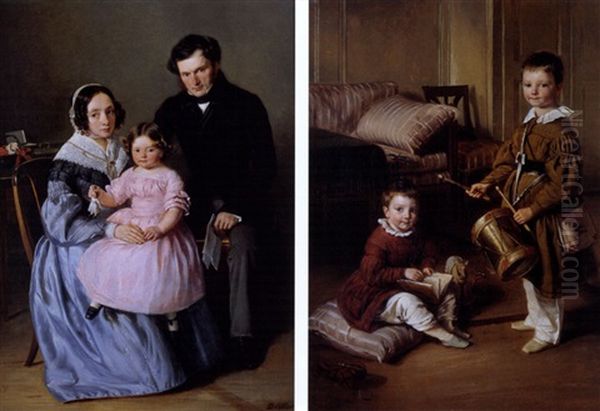 Die Gluckliche Familie (+ Zwei Kinder Mit Trommel; Pair) Oil Painting by Johann Friedrich Dietler