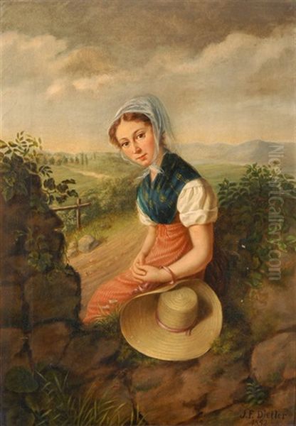 Auf Einer Mauer Sitzende Junge Frau In Tracht Oil Painting by Johann Friedrich Dietler