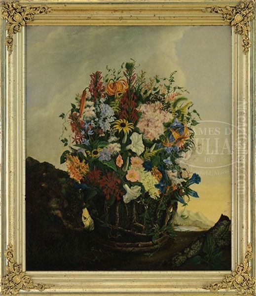 Still Life Of A Basket Of Flowers In A Landscape Oil Painting by Adelheid Dietrich