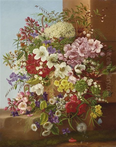 A Bounty Of Flowers On A Stone Ledge Oil Painting by Adelheid Dietrich