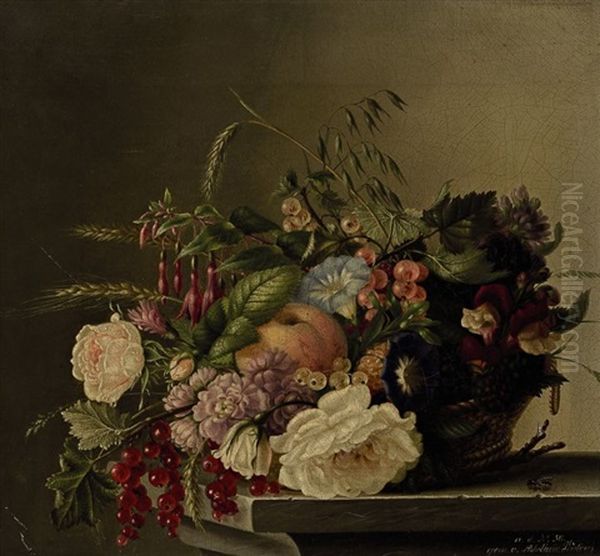 Korb Mit Blumen Und Fruchten Oil Painting by Adelheid Dietrich