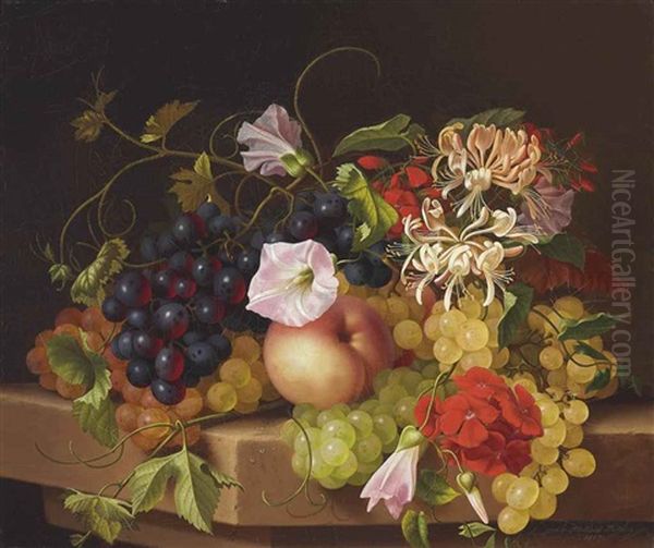 Still Life With Grapes, Peaches And Flowers Oil Painting by Adelheid Dietrich