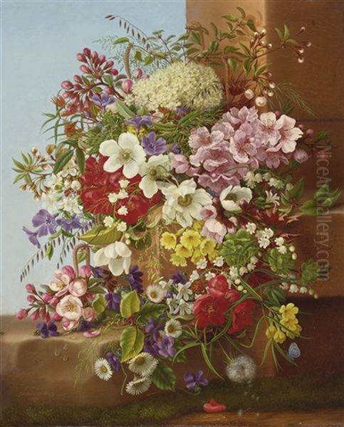 A Bounty Of Flowers On A Stone Ledge Oil Painting by Adelheid Dietrich