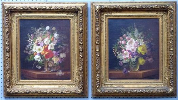 Still-life Of Summer Flowers In Vase (pair) Oil Painting by Adelheid Dietrich