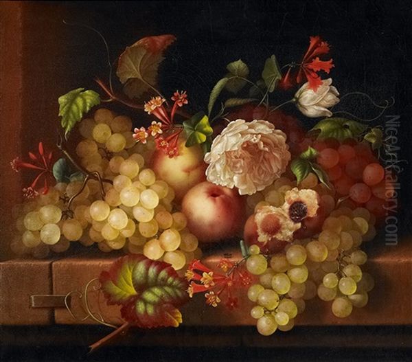 Herbstliches Stillleben Mit Wein, Pfirsichen Und Rosen Oil Painting by Adelheid Dietrich