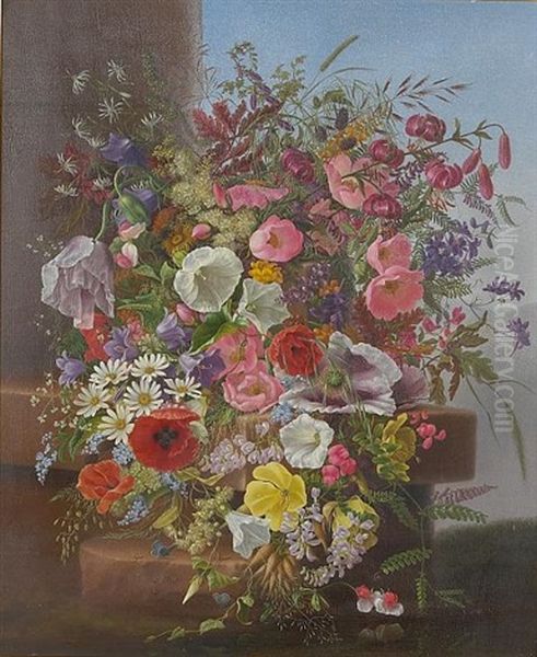 A Still Life Of Wild Flowers On A Stone Ledge Oil Painting by Adelheid Dietrich