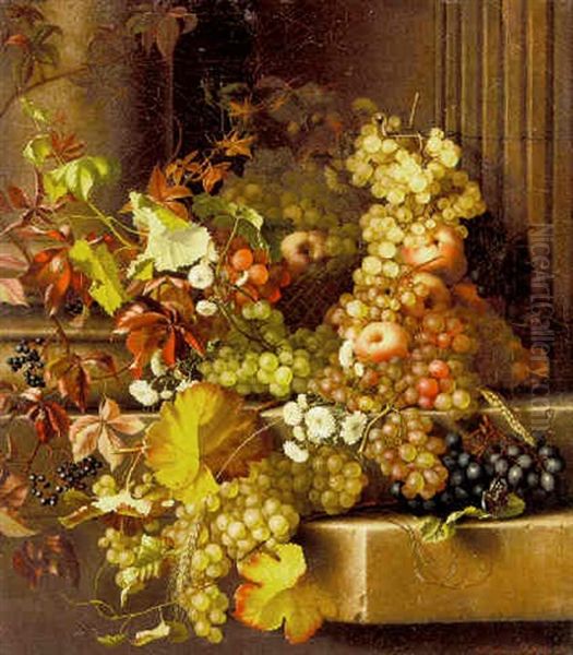 Autumnal Still Life With Fruit And Flowers Oil Painting by Adelheid Dietrich