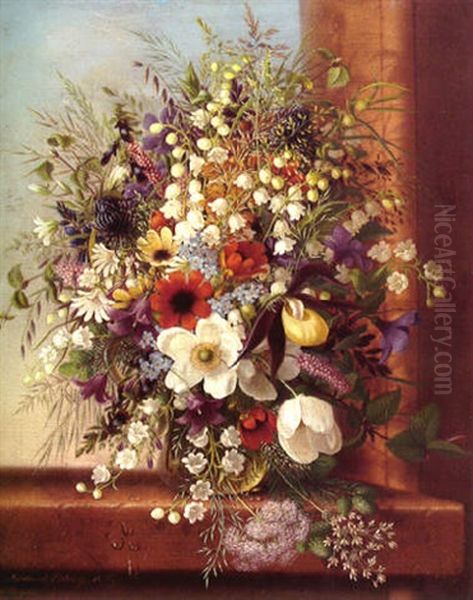 A Still Life With A Bourgogne Orchid, Anemones And Other Flowers In A Pitcher On A Ledge Oil Painting by Adelheid Dietrich