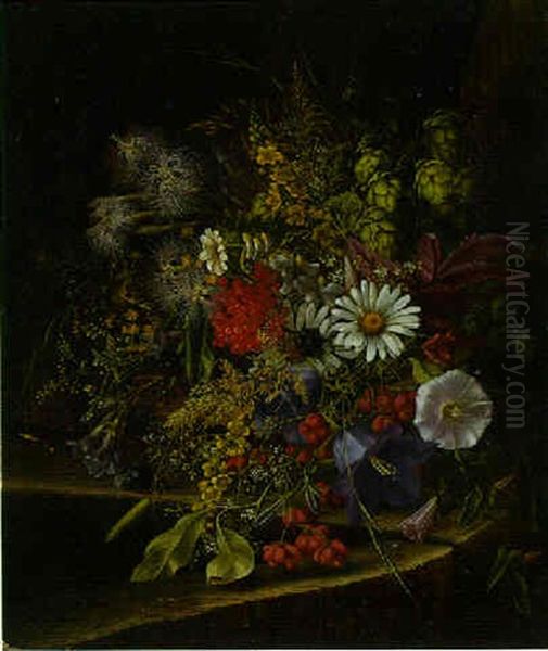 Morning Glory, Daisies, Red Currants And Other Fruits And Flowers On A Ledge Oil Painting by Adelheid Dietrich