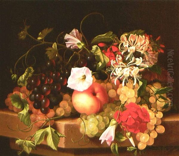 Still Life With Grapes, Peaches And Flowers Oil Painting by Adelheid Dietrich