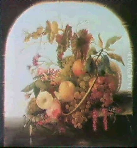 Still Life With Flowers And Fruit On A Stone Ledge Oil Painting by Adelheid Dietrich