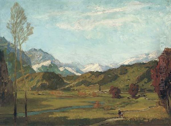 Figures Walking By A Church In An Alpine Landscape Oil Painting by Carl Oskar Arends