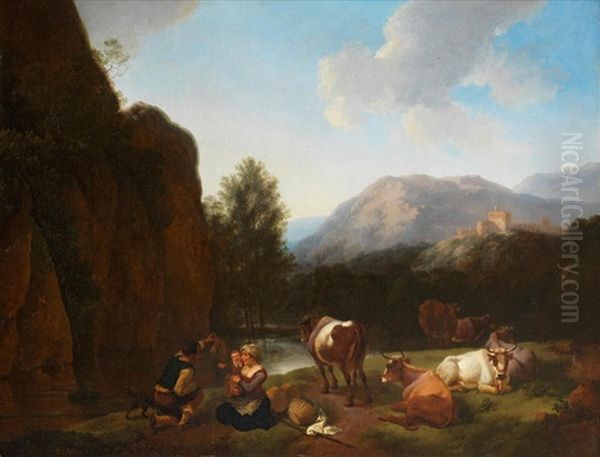 A Mountainous Landscape With Herders And Cattle Resting Before A River Oil Painting by Christian Wilhelm Ernst Dietrich