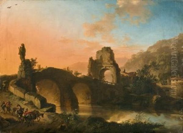 Paysage De Riviere Et De Ruines Anime De Voyageurs Oil Painting by Christian Wilhelm Ernst Dietrich