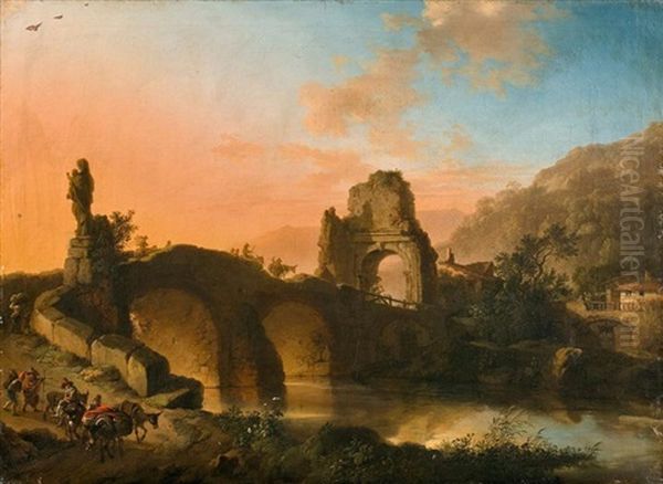 Paysage De Riviere Et De Ruines Anime De Voyageurs Oil Painting by Christian Wilhelm Ernst Dietrich