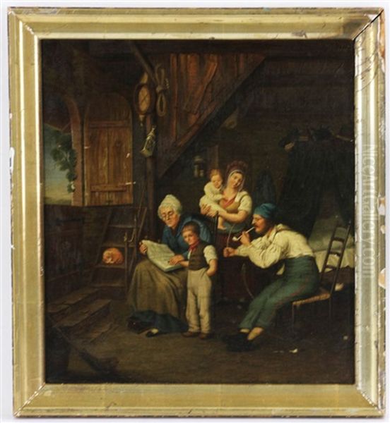 Interior W/ Family Oil On Board Oil Painting by Christian Wilhelm Ernst Dietrich