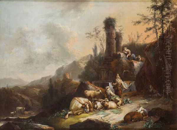 Ruinenlandschaft Mit Hirten, Schafen Und Ziegen Oil Painting by Christian Wilhelm Ernst Dietrich