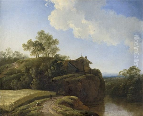 Flusslandschaft Mit Bauerngehoft Auf Einem Felsvorsprung; Hugelige Landschaft Mit Blick In Ein Weites Flusstal (2 Works) Oil Painting by Christian Wilhelm Ernst Dietrich