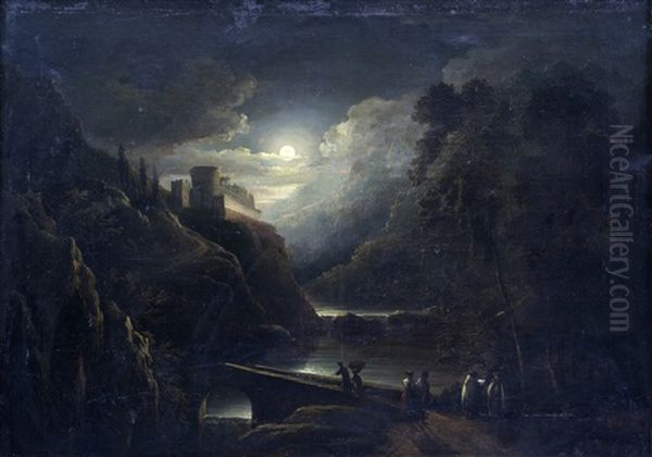 Paysage Au Pont Et Au Clair De Lune Oil Painting by Christian Wilhelm Ernst Dietrich