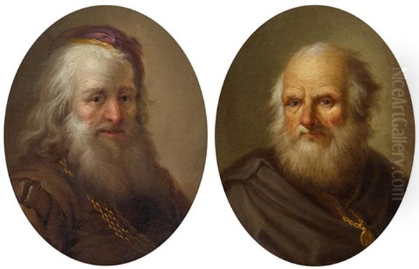 Pair Of Works: Portraits Of Bearded Men Oil Painting by Christian Wilhelm Ernst Dietrich