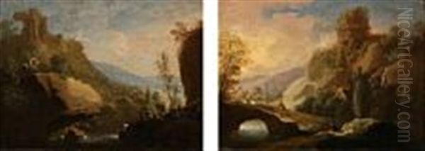 Two Italianate Landscapes With Shepherds (2 Works) Oil Painting by Christian Wilhelm Ernst Dietrich