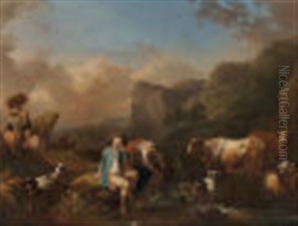 An Italianate Landscape With Figures Resting By A River With Cattle And Goats Watering; An Italianate Landscape With Figures Before A Ruin (a Pair) Oil Painting by Christian Wilhelm Ernst Dietrich