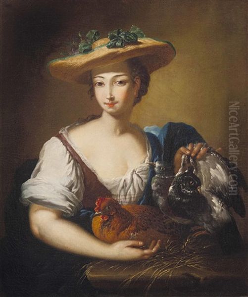 Junge Dame Mit Henne Und Vogeln Oil Painting by Christian Wilhelm Ernst Dietrich