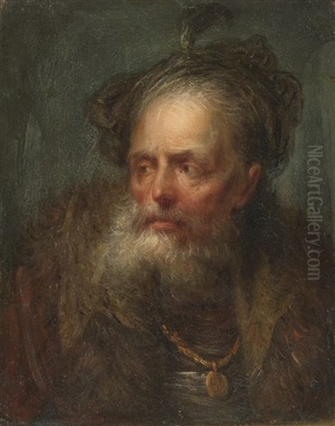 Portrait Of A Bearded Man, Head And Shoulders, In A Cap And Fur Trimmed Cloak Oil Painting by Christian Wilhelm Ernst Dietrich