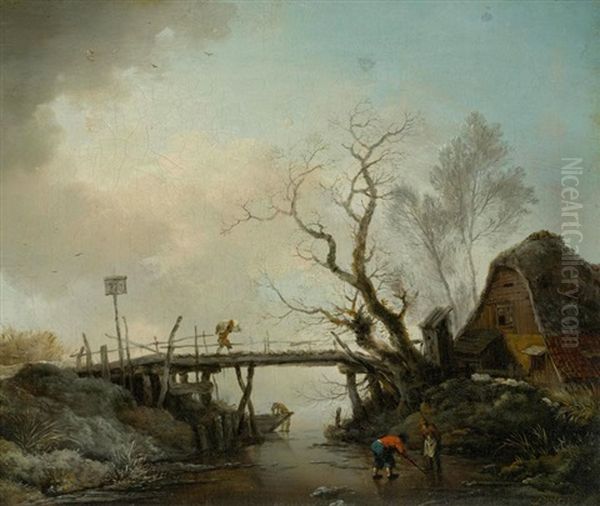 Brucke Uber Einen Vereisten Fluss Oil Painting by Christian Wilhelm Ernst Dietrich