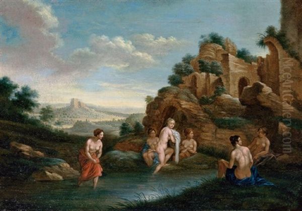 Landscape With Bathing Nymphs Oil Painting by Christian Wilhelm Ernst Dietrich