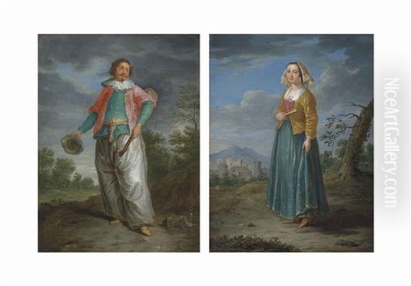 A Musician With A Banjo, Holding A Turban, In A Wooded Landscape; A Gypsy Woman Holding A Fan, In A Landscape, A Town Beyond (pair) Oil Painting by Christian Wilhelm Ernst Dietrich