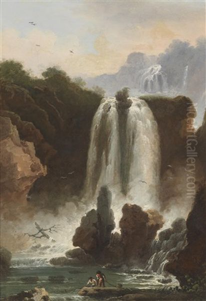 Gebirgslandschaft Mit Wasserfall, Ruckseitig Ein Rotes Lacksiegel Der Academie Des Beaux Arts Oil Painting by Christian Wilhelm Ernst Dietrich