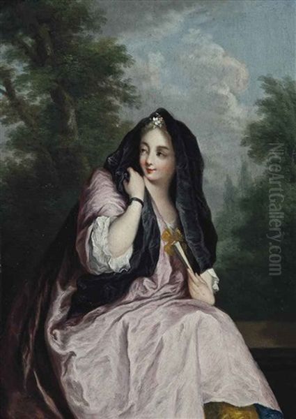 Portrait Of A Lady, Three-quarter-length, In A Pink Dress, And A Black Shawl, A Fan In Her Left Hand, Seated In A Landscape Oil Painting by Christian Wilhelm Ernst Dietrich