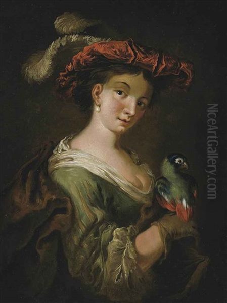 A Lady Holding A Parrot by Christian Wilhelm Ernst Dietrich