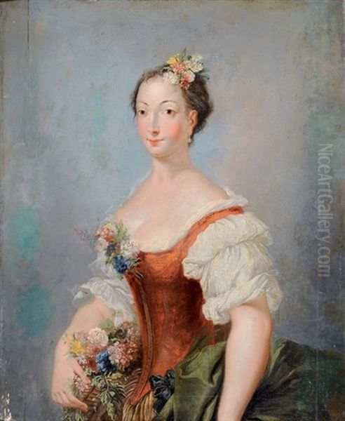 Portrait D'une Femme Au Panier De Fleurs Oil Painting by Christian Wilhelm Ernst Dietrich