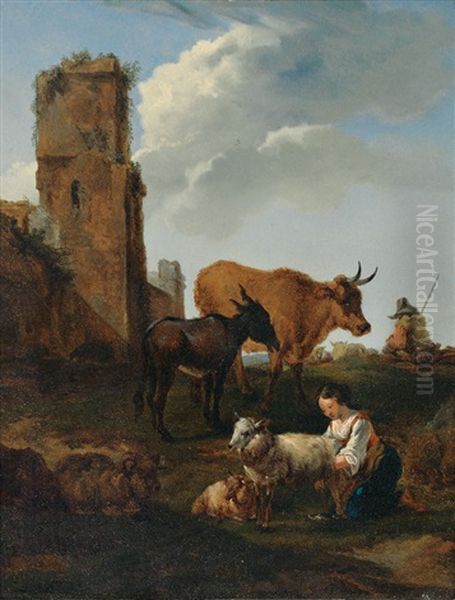 Ziege Melkende Hirtin Sowie Esel Und Ochs, Im Hintergrund Ruine Mit Turm (in The Style Of Nicolaes Berchem) Oil Painting by Christian Wilhelm Ernst Dietrich