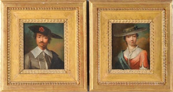 Portrait D'homme Au Chapeau (+ Portrait De Femme A La Robe Rose; Pair) Oil Painting by Christian Wilhelm Ernst Dietrich