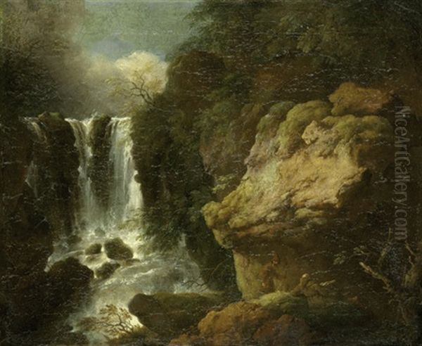 Italienische Landschaft Mit Zwei Eremiten Bei Einem Wasserfall Oil Painting by Christian Wilhelm Ernst Dietrich