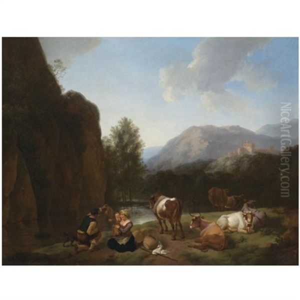 A Mountainous River Landscape With A Herder Oil Painting by Christian Wilhelm Ernst Dietrich