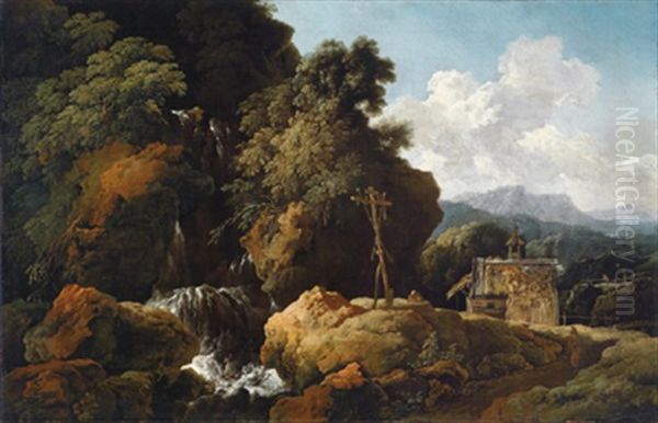 Bewaldete Berglandschaft Mit Einer Waldkapelle An Einem Wasserfall Mit Einem Betenden Eremiten Vor Einem Kreuz Mit Den Marterwerkzeugen Christi Oil Painting by Christian Wilhelm Ernst Dietrich